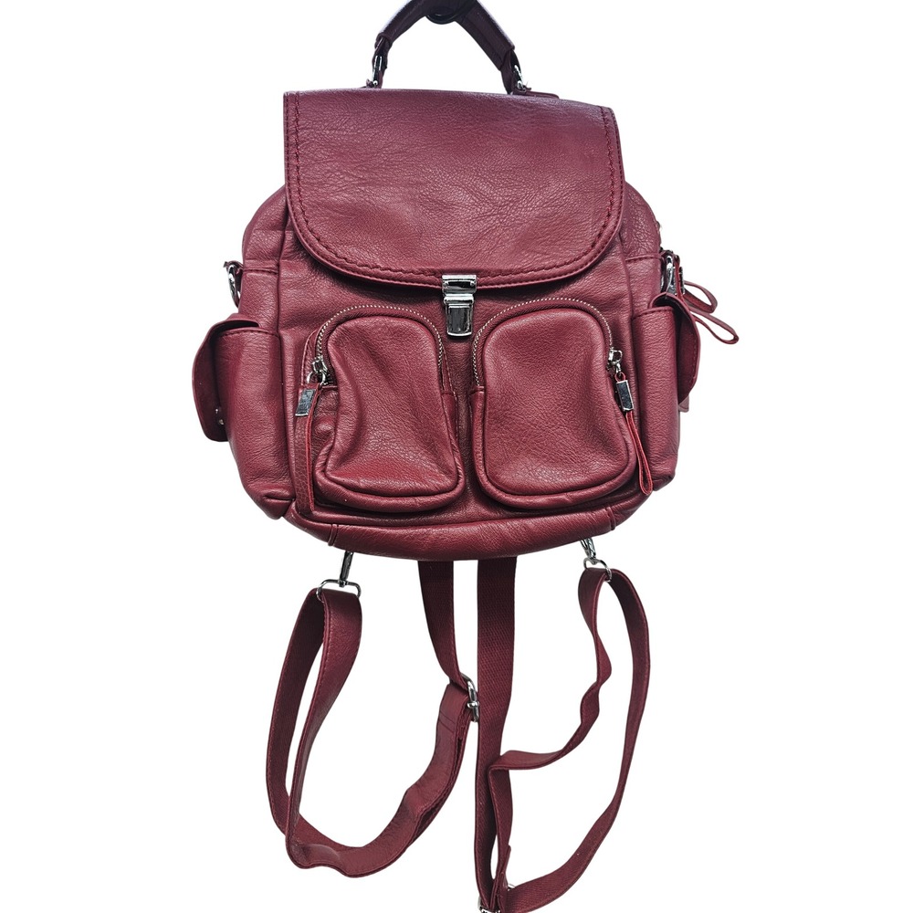 Burgundy Faux Leather Utility Backpack Silver Hardware Pebbled Wine Red